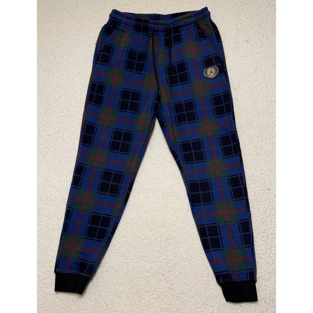 Jordan Mens Flight Sweatpants Blue Plaid Fleece Joggers Size M Pockets